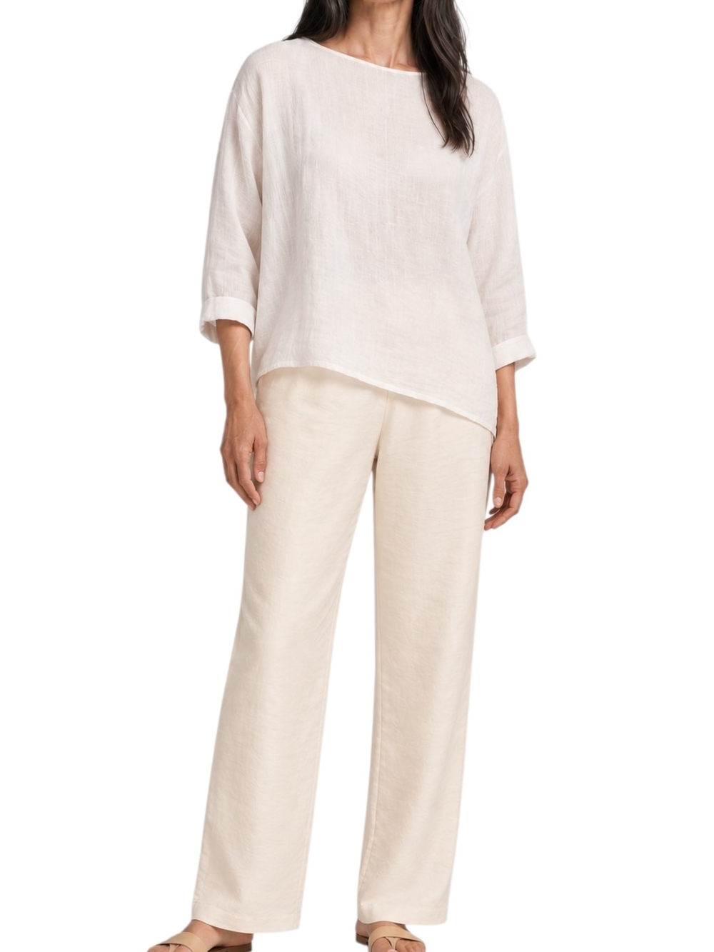 Eileen Fisher 100% Silk Pants L Ivory Champagne Straight Leg Trousers Coastal